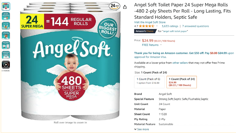 amazon listing for a 24 pack of angel soft toilet paper