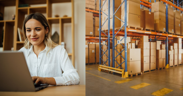 a woman on her laptop monitoring inventory levels. a photo of boxes in a warehouse is next to it